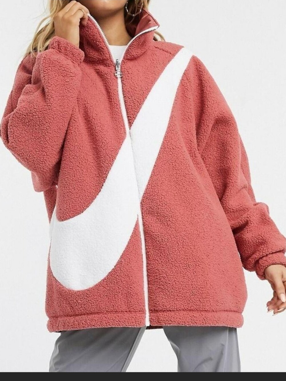 Nike Women's Redwood Swoosh Reversible Oversized Sherpa Full Zip Logo Jacket XXL